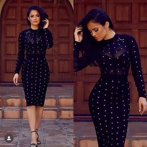Long Sleeve Gold Studded MIDI Length Bandage Dress
